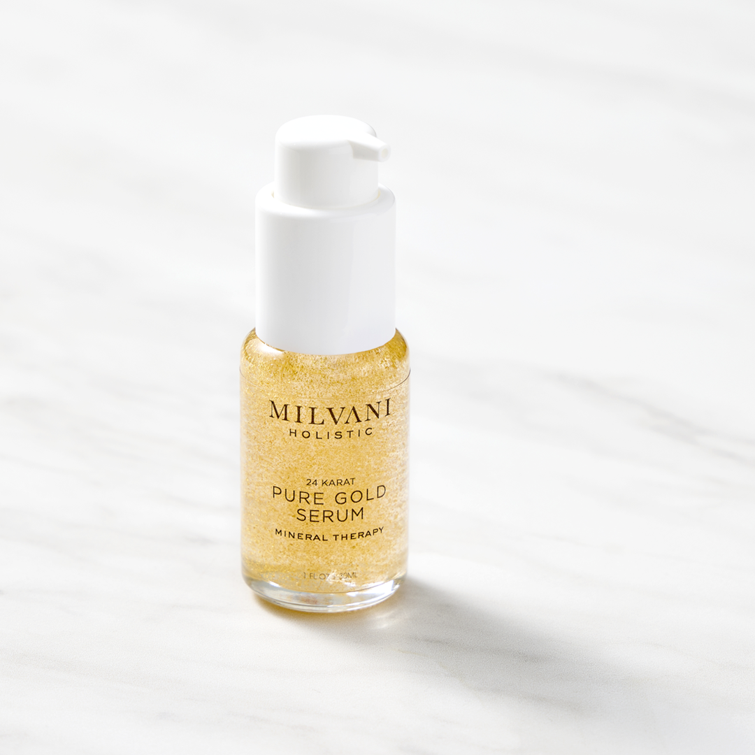 24K Pure Gold Anti Aging Serum Treatment.  Pure Gold, Antioxidants, Botanical Extracts and Essential Oils | Milvani Holistic Skin Care | Northfield Illinois