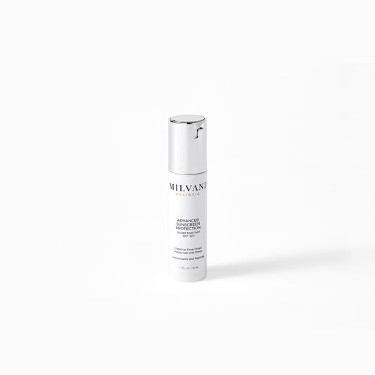 <span data-mce-fragment="1">The Advanced Sunscreen Protection is a tinted moisturizer with zinc and UV absorbers that protects from UVA/UVB. It diminishes signs of aging and evens complexion. The peptides and antioxidants in it prevent future skin damage. It’s a non-comedogenic formula. </span>The cream feels lightweight and luxurious on the skin, quickly absorbing without leaving a greasy or heavy residue. | MILVANI HOLISTIC SKINCARE