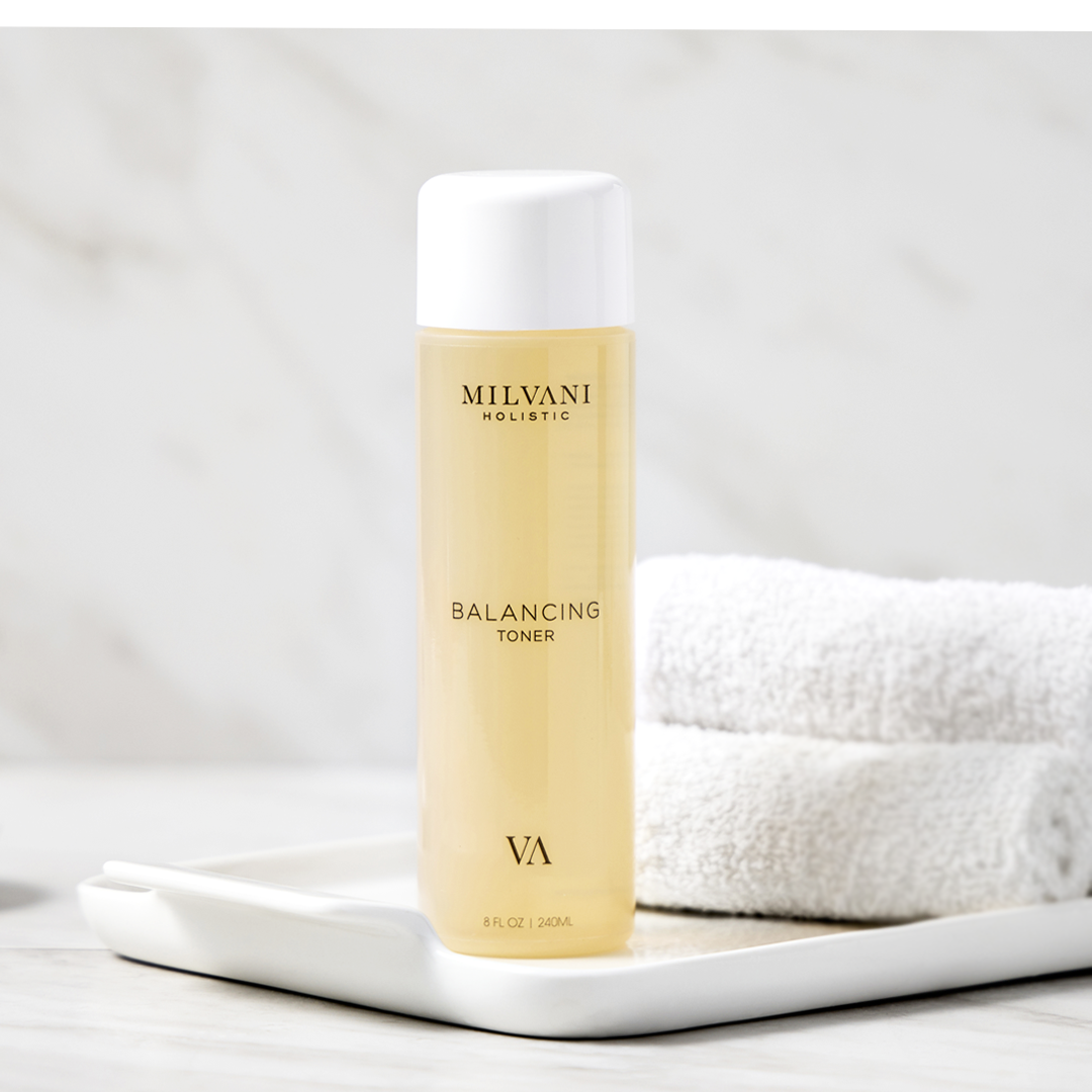 Premium Balancing Toner.  Alcohol-free formula meticulously crafted to tone and revitalize your complexion.  Packed with potent ingredients like ginseng extract for antioxidant power, glycolic acid for gentle exfoliation, and Witch Hazel for pore refinement, this toner rejuvenates the skin, enhances elasticity, and provides a subtle energizing effect. | MILVANI  HOLISTIC SKINCARE | NORTHFIELD, ILLINOIS