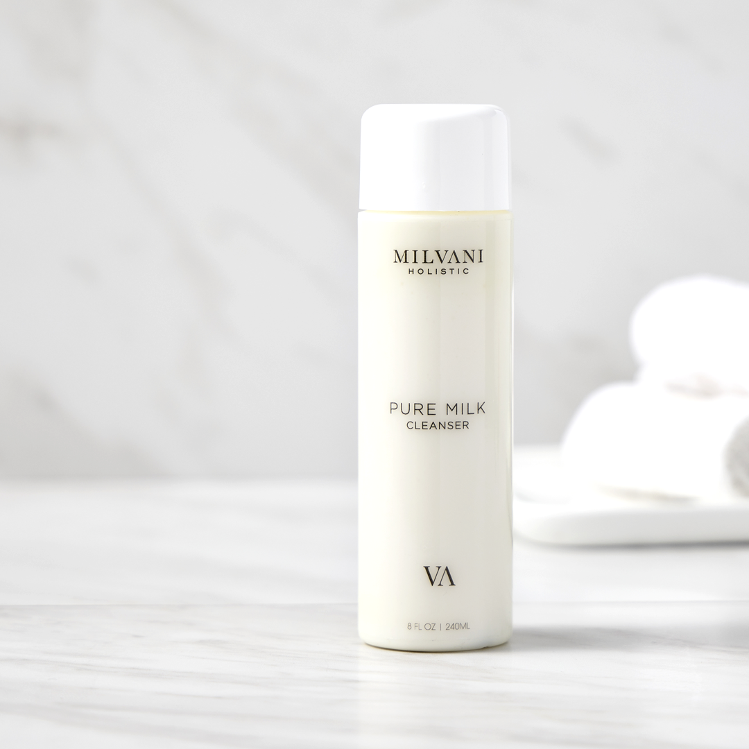 Pure Milk Cleanser, a gentle, detergent-free cleansing milk, is perfect for daily skincare. Recommended for cleansing and makeup removal, it efficiently eliminates dirt, makeup, and impurities, leaving skin soft and hydrated. Enjoy the nourishing and gentle cleansing our Pure Milk Cleanser provides, ensuring your skin feels clean, refreshed, and comfortably hydrated with every use. MILVANI HOLISTIC SKINCARE, NORTHFIELD, ILLINOIS