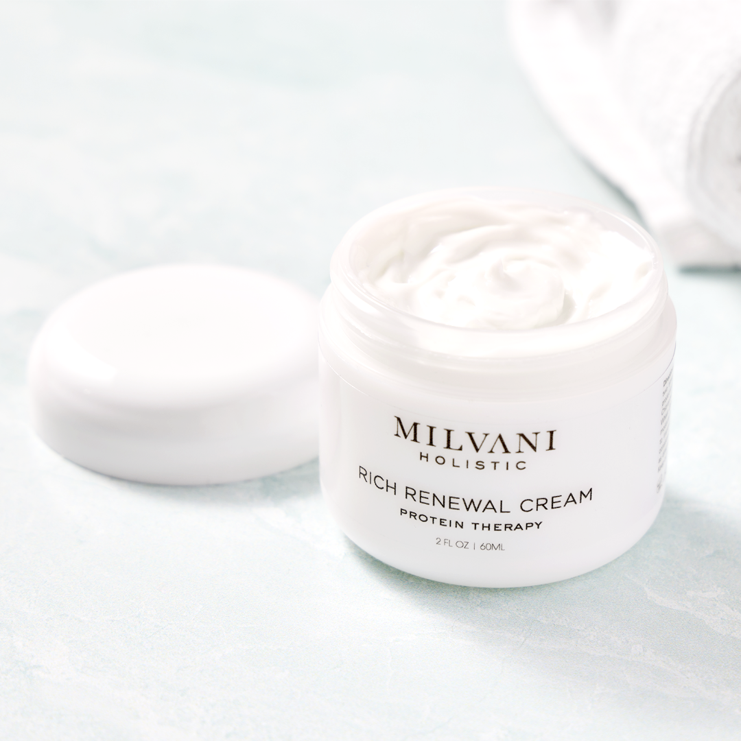 The Rich Renewal Cream is fine textured cream. It is rich yet not greasy protein-based formula. The two main proteins in the cream– collagen and elastin are a popular solution designed to address common signs of aging such as wrinkles, fine lines, and loss of elasticity. Consistent use, along with a proper skincare routine and general well-being, can help maximize the effectiveness of collagen and elastin cream in achieving smoother, firmer, and more youthful-looking skin. MILVANI HOLISTIC SKINCARE